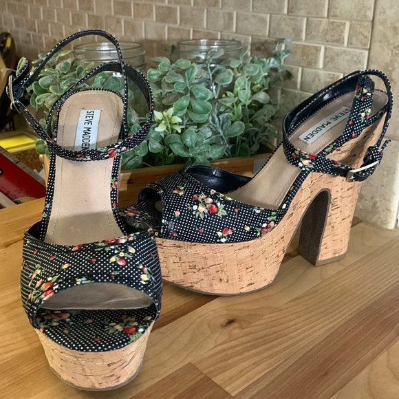 Steve Madden Gurllee Black Floral Polka Dot Platform Ankle Strap Sandal Heels - Picture 3 of 9